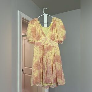Women’s tea party dress, yellow dress with coral floral, women’s formal dress